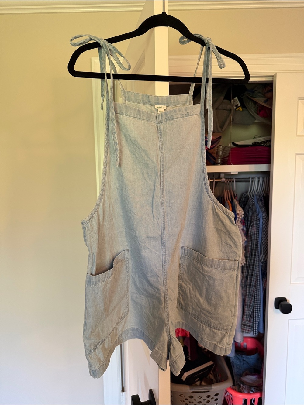 aerie Light Blue Denim Tie-Shoulder Romper